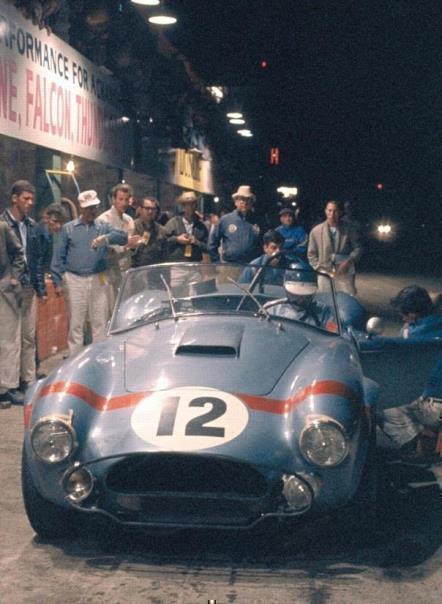 Sebring, FL, 1964. Lew Spencer/Bob Bondurant Cobra makes a night pit stop.